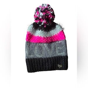 Betsey Johnson Women’s Winter Hat Pink And Black With Pom Pom